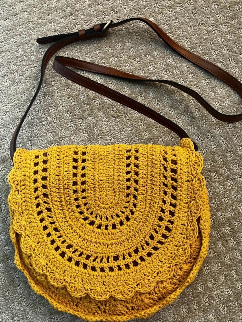 Patricia Nash Yellow Crochet Crossbody with Brown Strap